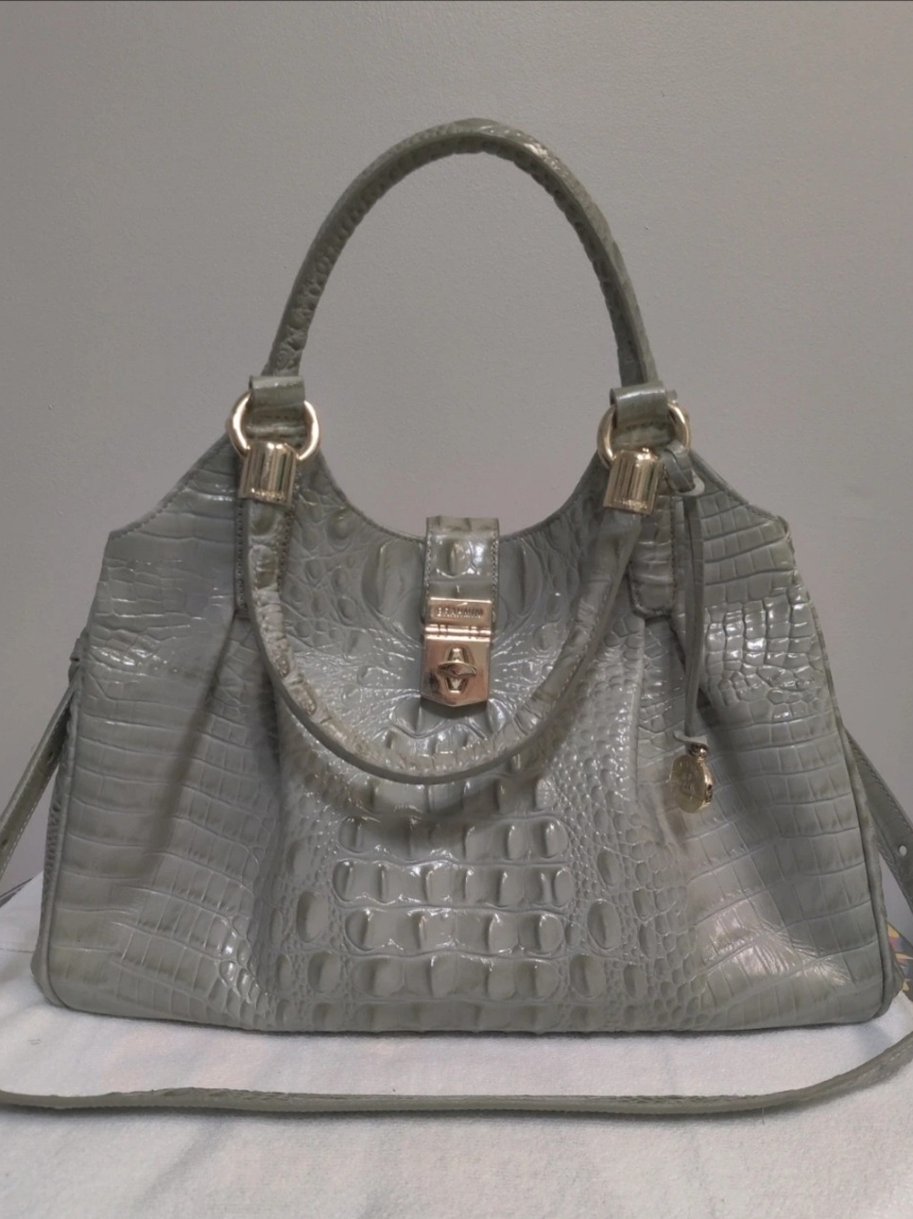 Brahmin Green/Gray Croc-Embossed Satchel with Gold Hardware